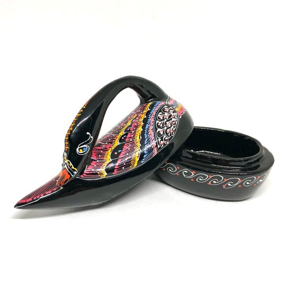 Black Lacquered Wood Trinket Box Black Swan Bird Duck hand painted Thailand - Picture 9 of 14